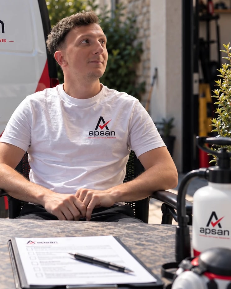 Pierre Abadie, fondateur d’APSAN, assis devant une table de travail, en tee-shirt APSAN